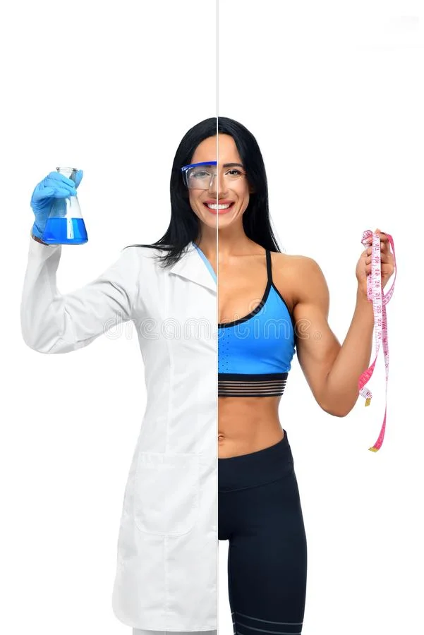 side by side photo of a woman in lab uniform and workout gear holding a beaker in right and measuring tape in left.