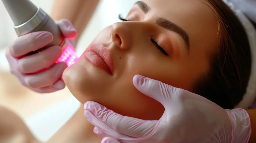 Woman Receiving Ultrasound Cavitation Treatment for Facial Rejuvenation at a Professional Med Spa Clinic in Miami Beach