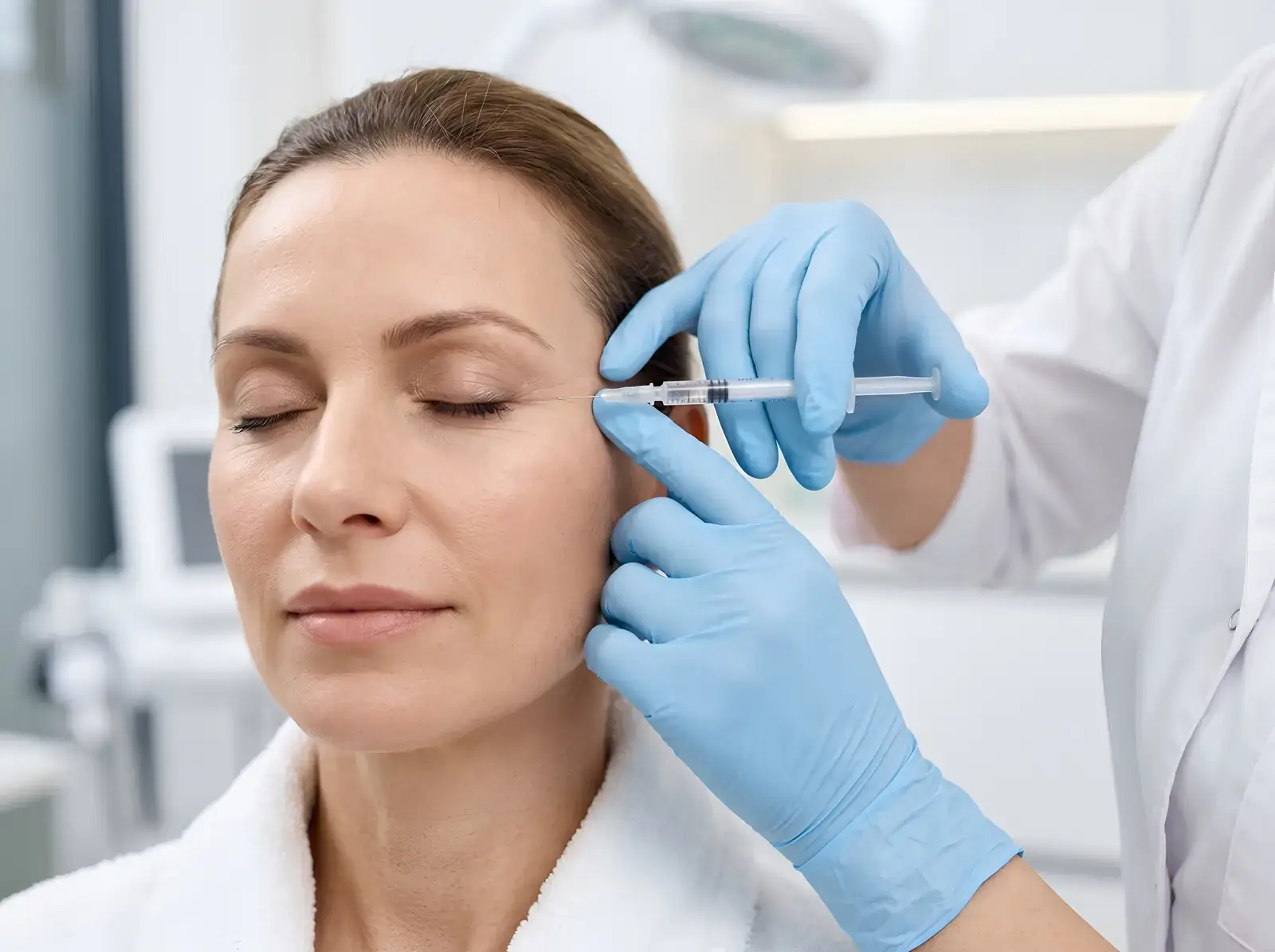 Botox injection for crow's feet in Miami Beach, placed with an ultra-fine needle in the lateral orbicularis muscle at the outer eye